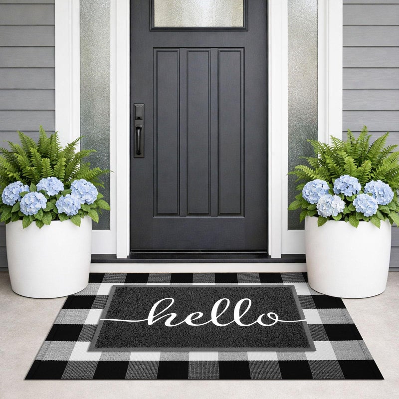 KILOCOCO Buffalo Plaid Checkered Rug - Door Mat Outdoor, Black and White Outdoor, Cotton Washable Front Door Rug Layered Doormats for Front Porch/Farmhouse/Entryway, 27.5x43 Inches - Image 2
